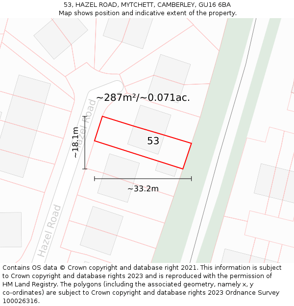 53, HAZEL ROAD, MYTCHETT, CAMBERLEY, GU16 6BA: Plot and title map