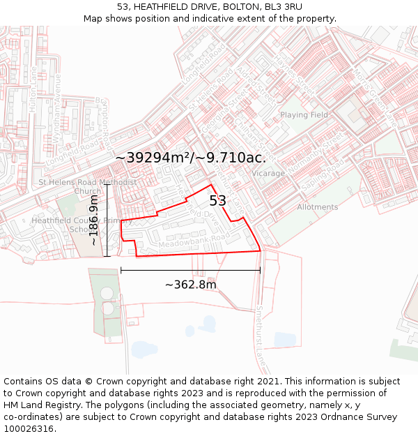 53, HEATHFIELD DRIVE, BOLTON, BL3 3RU: Plot and title map