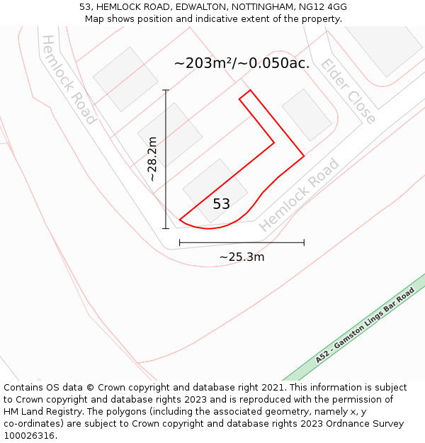 53, HEMLOCK ROAD, EDWALTON, NOTTINGHAM, NG12 4GG: Plot and title map