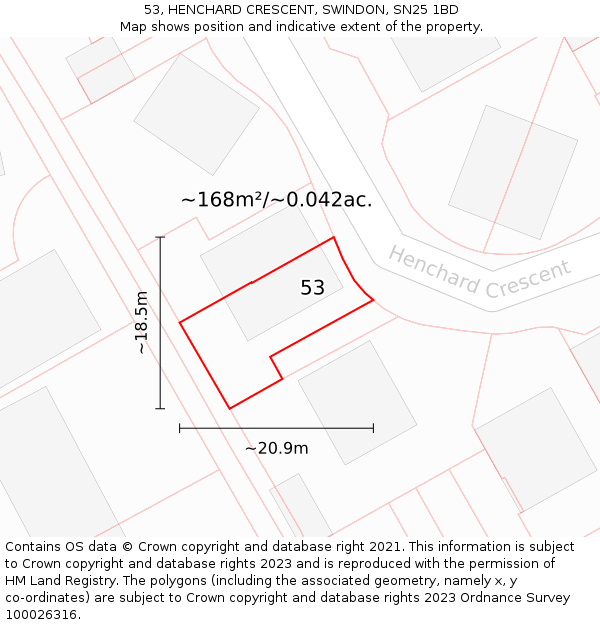 53, HENCHARD CRESCENT, SWINDON, SN25 1BD: Plot and title map