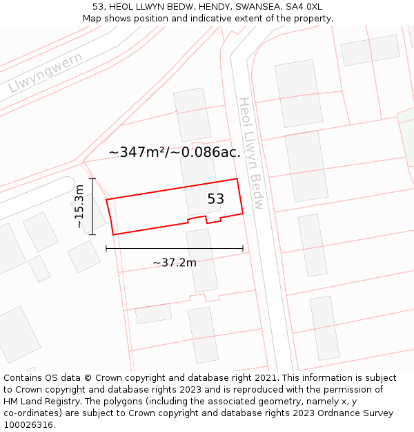 53, HEOL LLWYN BEDW, HENDY, SWANSEA, SA4 0XL: Plot and title map