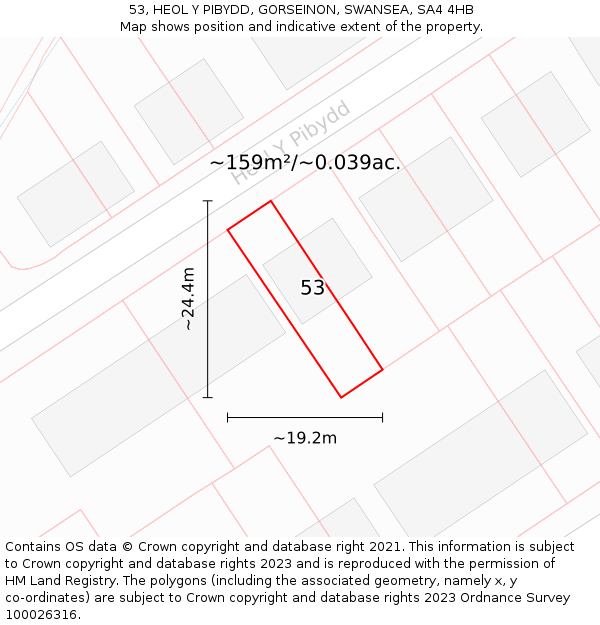 53, HEOL Y PIBYDD, GORSEINON, SWANSEA, SA4 4HB: Plot and title map