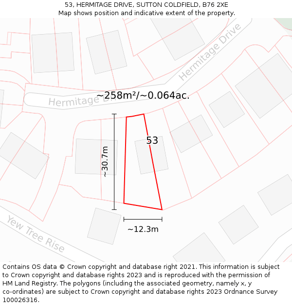 53, HERMITAGE DRIVE, SUTTON COLDFIELD, B76 2XE: Plot and title map