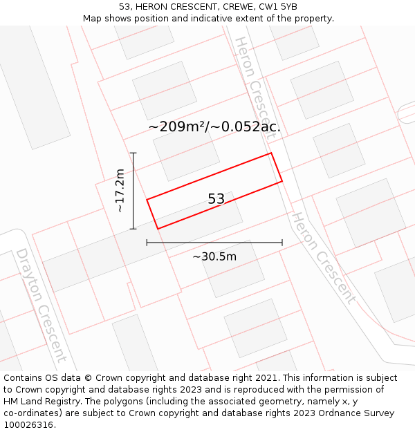 53, HERON CRESCENT, CREWE, CW1 5YB: Plot and title map