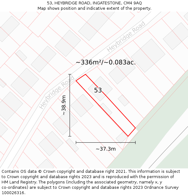 53, HEYBRIDGE ROAD, INGATESTONE, CM4 9AQ: Plot and title map