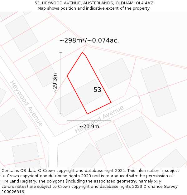 53, HEYWOOD AVENUE, AUSTERLANDS, OLDHAM, OL4 4AZ: Plot and title map