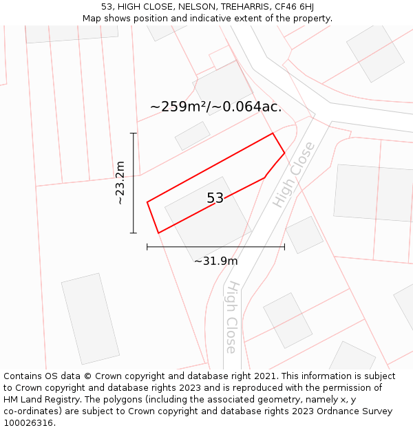 53, HIGH CLOSE, NELSON, TREHARRIS, CF46 6HJ: Plot and title map