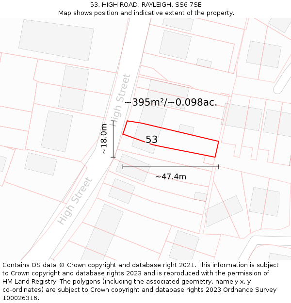 53, HIGH ROAD, RAYLEIGH, SS6 7SE: Plot and title map