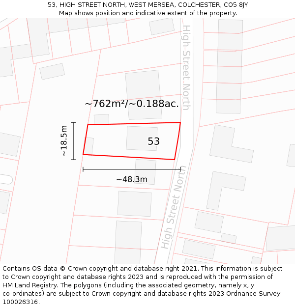 53, HIGH STREET NORTH, WEST MERSEA, COLCHESTER, CO5 8JY: Plot and title map