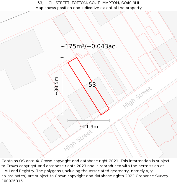 53, HIGH STREET, TOTTON, SOUTHAMPTON, SO40 9HL: Plot and title map