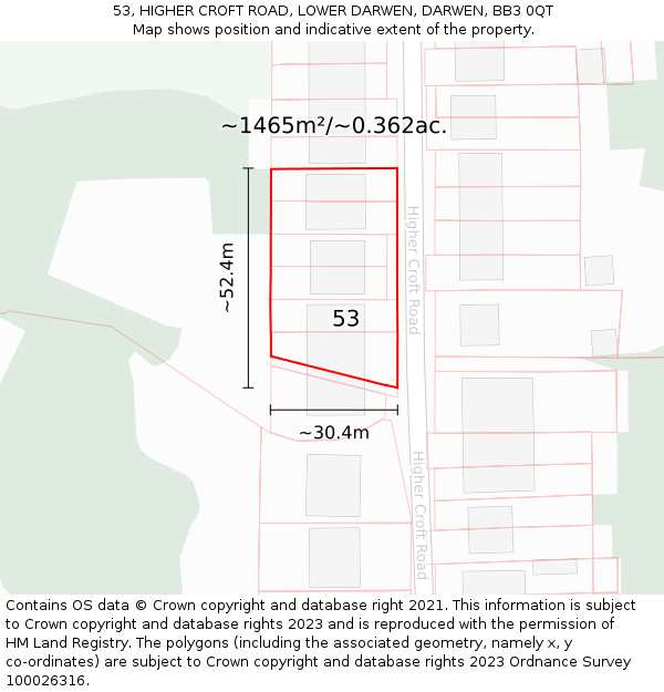 53, HIGHER CROFT ROAD, LOWER DARWEN, DARWEN, BB3 0QT: Plot and title map