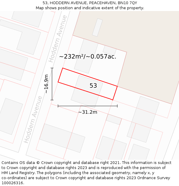 53, HODDERN AVENUE, PEACEHAVEN, BN10 7QY: Plot and title map