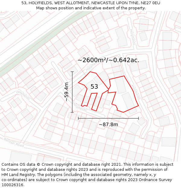 53, HOLYFIELDS, WEST ALLOTMENT, NEWCASTLE UPON TYNE, NE27 0EU: Plot and title map