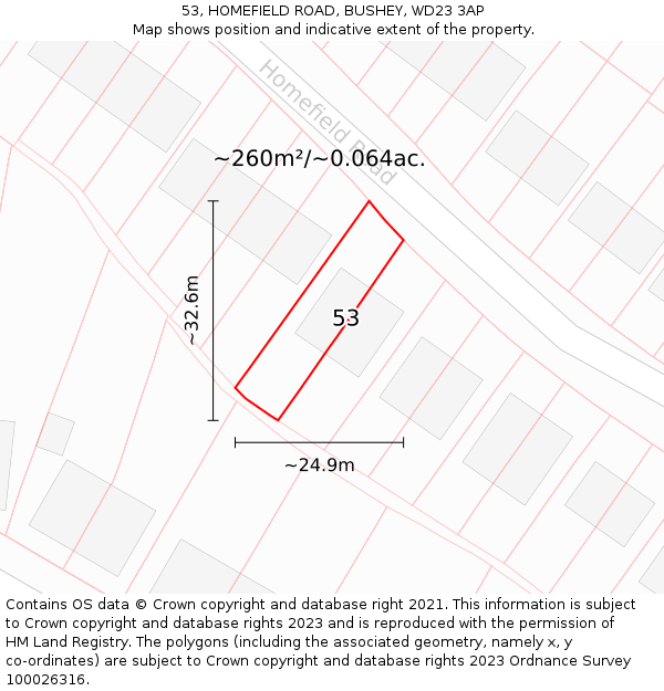 53, HOMEFIELD ROAD, BUSHEY, WD23 3AP: Plot and title map