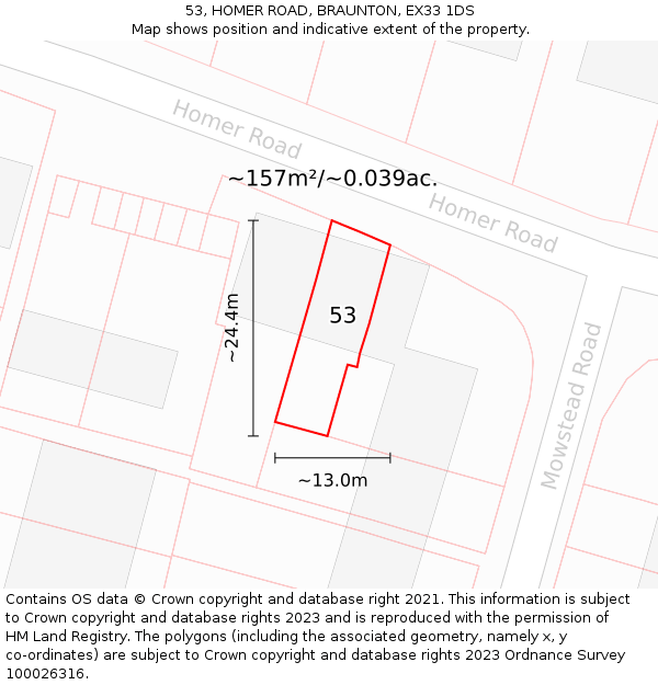 53, HOMER ROAD, BRAUNTON, EX33 1DS: Plot and title map