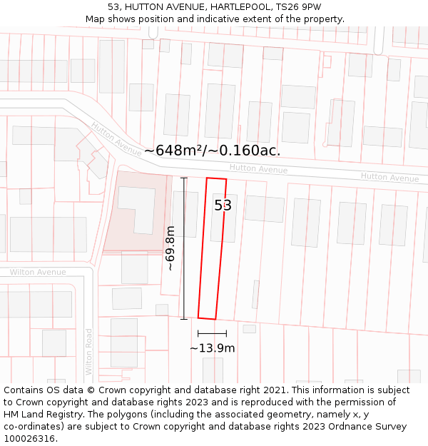 53, HUTTON AVENUE, HARTLEPOOL, TS26 9PW: Plot and title map