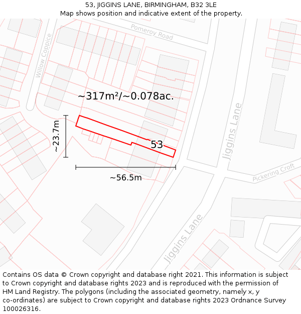 53, JIGGINS LANE, BIRMINGHAM, B32 3LE: Plot and title map