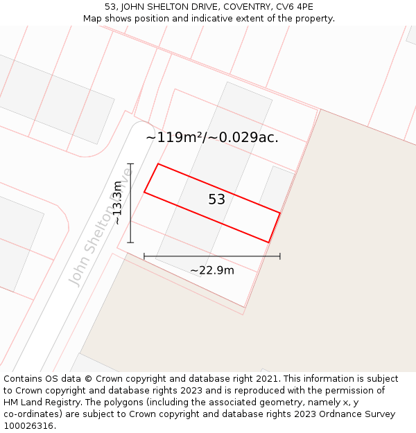 53, JOHN SHELTON DRIVE, COVENTRY, CV6 4PE: Plot and title map