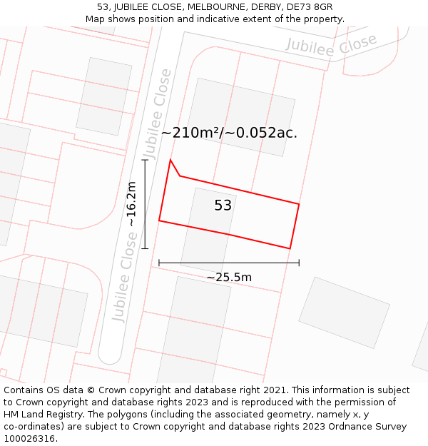 53, JUBILEE CLOSE, MELBOURNE, DERBY, DE73 8GR: Plot and title map