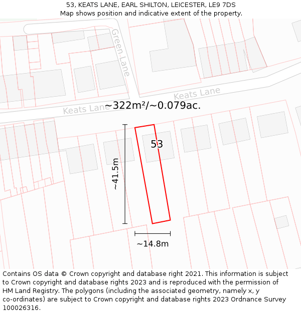 53, KEATS LANE, EARL SHILTON, LEICESTER, LE9 7DS: Plot and title map