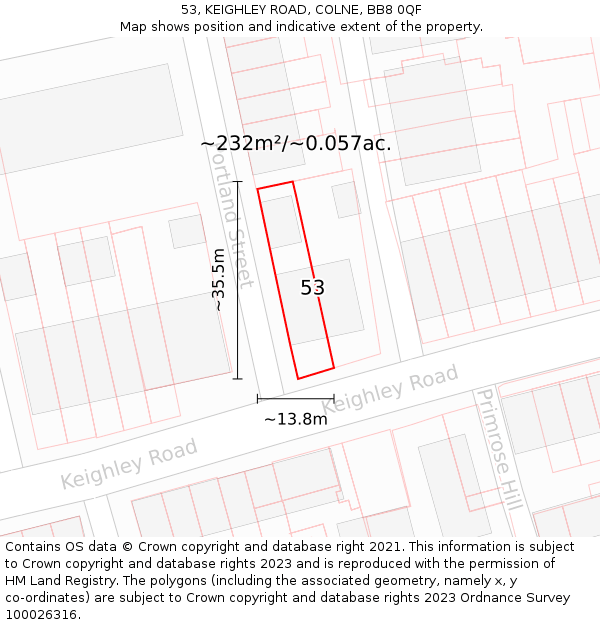 53, KEIGHLEY ROAD, COLNE, BB8 0QF: Plot and title map