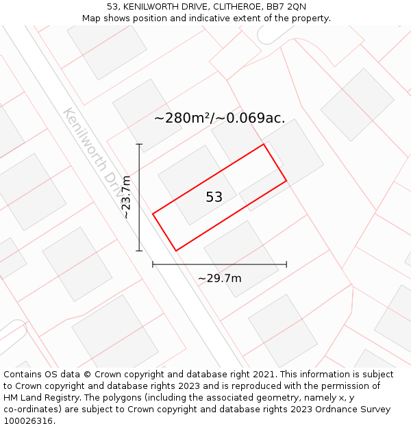 53, KENILWORTH DRIVE, CLITHEROE, BB7 2QN: Plot and title map