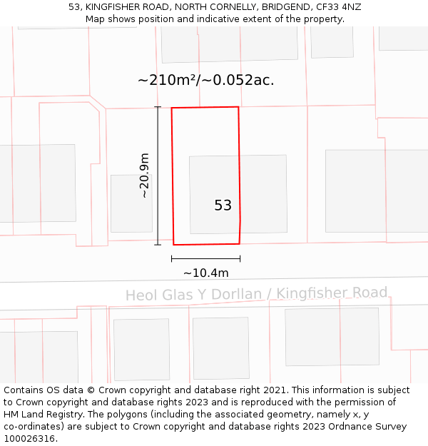 53, KINGFISHER ROAD, NORTH CORNELLY, BRIDGEND, CF33 4NZ: Plot and title map