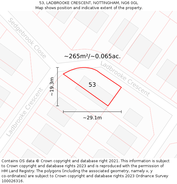 53, LADBROOKE CRESCENT, NOTTINGHAM, NG6 0GL: Plot and title map