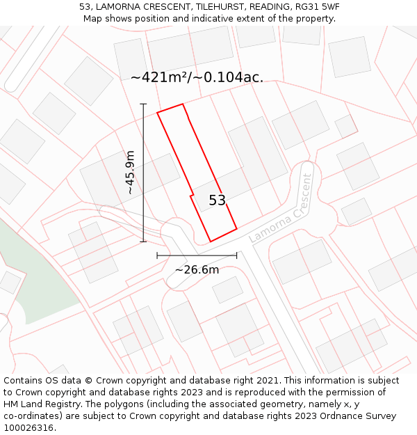 53, LAMORNA CRESCENT, TILEHURST, READING, RG31 5WF: Plot and title map
