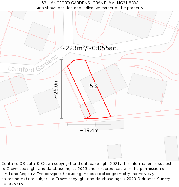 53, LANGFORD GARDENS, GRANTHAM, NG31 8DW: Plot and title map