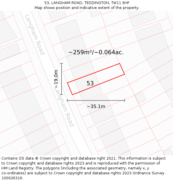 53, LANGHAM ROAD, TEDDINGTON, TW11 9HF: Plot and title map