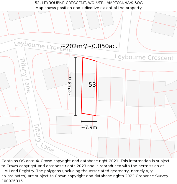 53, LEYBOURNE CRESCENT, WOLVERHAMPTON, WV9 5QG: Plot and title map