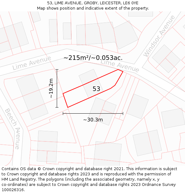 53, LIME AVENUE, GROBY, LEICESTER, LE6 0YE: Plot and title map