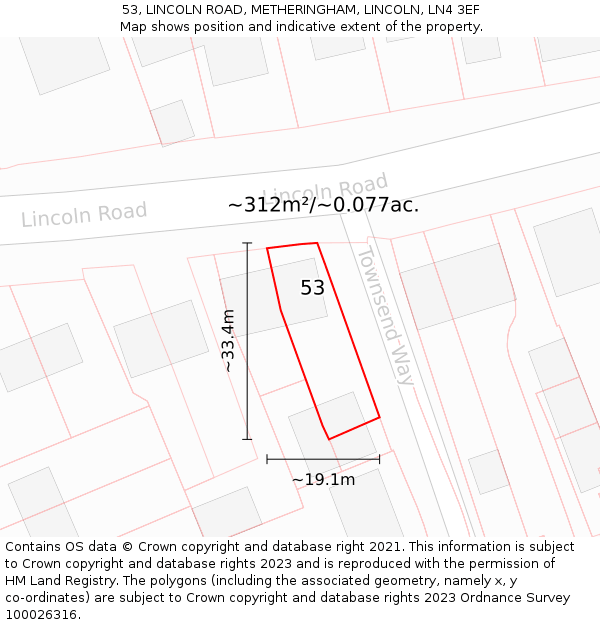 53, LINCOLN ROAD, METHERINGHAM, LINCOLN, LN4 3EF: Plot and title map