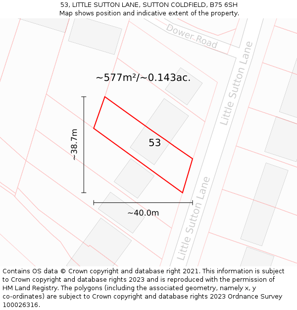 53, LITTLE SUTTON LANE, SUTTON COLDFIELD, B75 6SH: Plot and title map