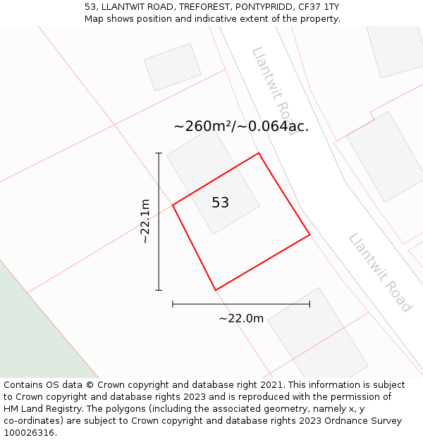 53, LLANTWIT ROAD, TREFOREST, PONTYPRIDD, CF37 1TY: Plot and title map