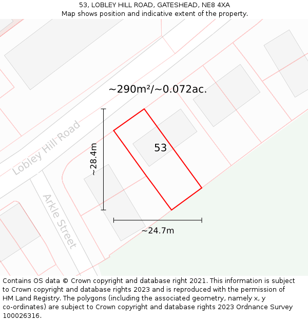 53, LOBLEY HILL ROAD, GATESHEAD, NE8 4XA: Plot and title map