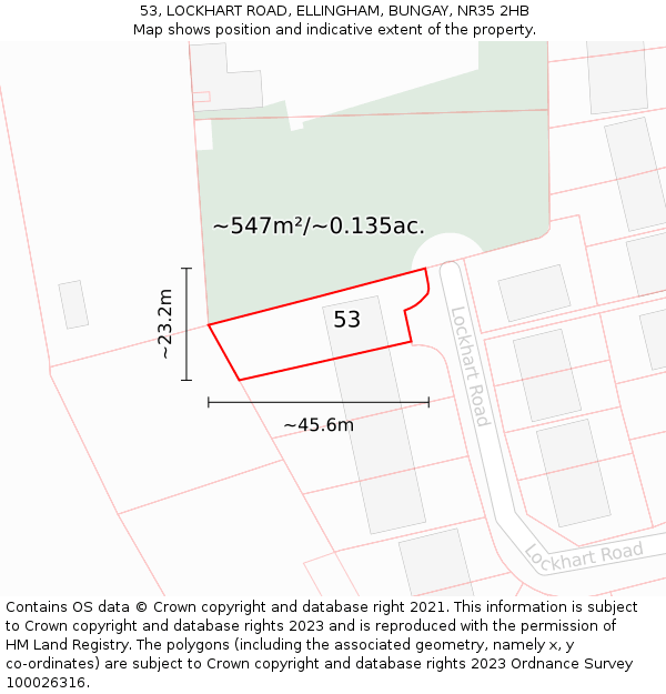 53, LOCKHART ROAD, ELLINGHAM, BUNGAY, NR35 2HB: Plot and title map