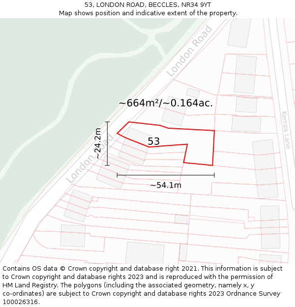 53, LONDON ROAD, BECCLES, NR34 9YT: Plot and title map