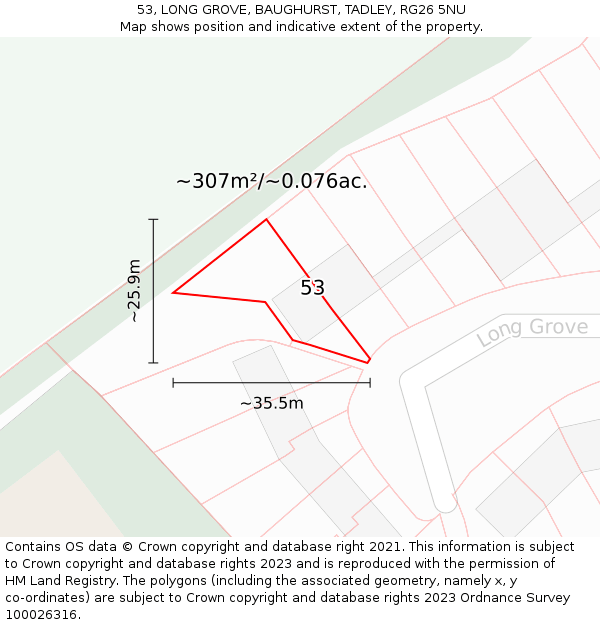 53, LONG GROVE, BAUGHURST, TADLEY, RG26 5NU: Plot and title map