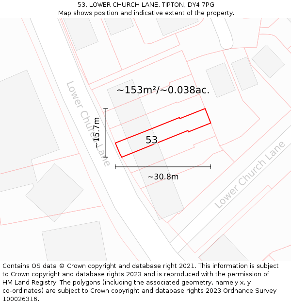 53, LOWER CHURCH LANE, TIPTON, DY4 7PG: Plot and title map