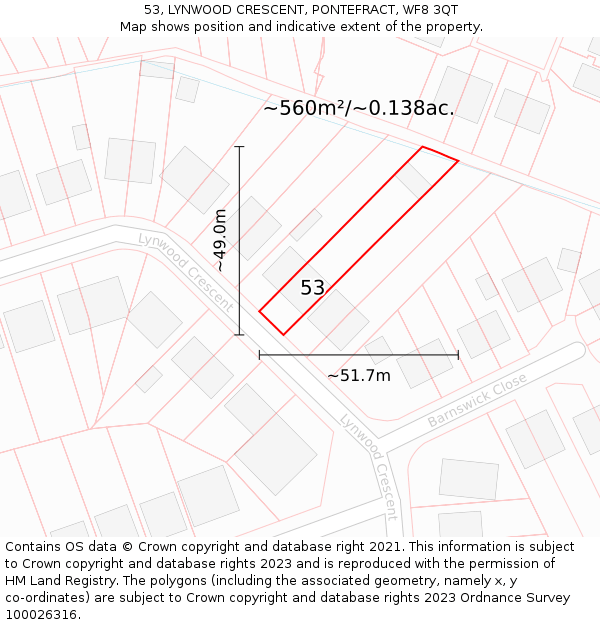 53, LYNWOOD CRESCENT, PONTEFRACT, WF8 3QT: Plot and title map