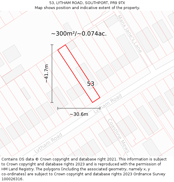 53, LYTHAM ROAD, SOUTHPORT, PR9 9TX: Plot and title map