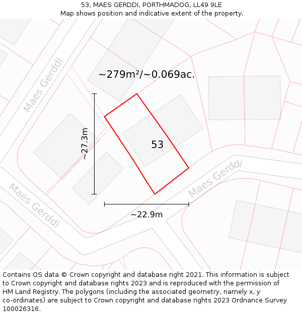 53, MAES GERDDI, PORTHMADOG, LL49 9LE: Plot and title map