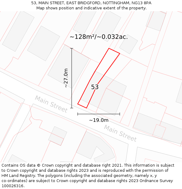 53, MAIN STREET, EAST BRIDGFORD, NOTTINGHAM, NG13 8PA: Plot and title map