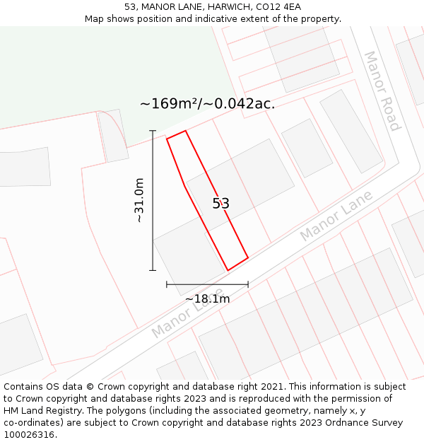 53, MANOR LANE, HARWICH, CO12 4EA: Plot and title map