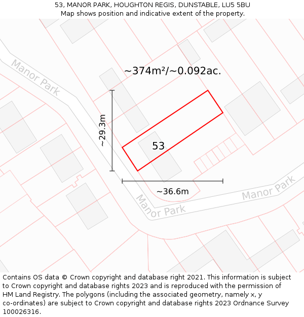 53, MANOR PARK, HOUGHTON REGIS, DUNSTABLE, LU5 5BU: Plot and title map