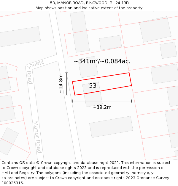 53, MANOR ROAD, RINGWOOD, BH24 1RB: Plot and title map