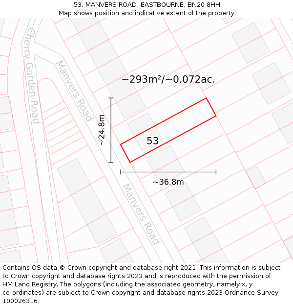 53, MANVERS ROAD, EASTBOURNE, BN20 8HH: Plot and title map