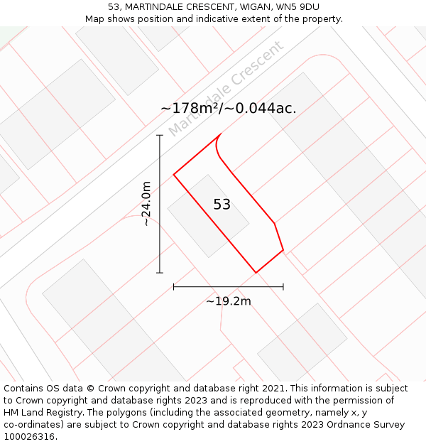 53, MARTINDALE CRESCENT, WIGAN, WN5 9DU: Plot and title map